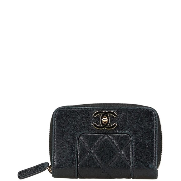 CHANEL Authentic Black Lambskin Leather Logo Wallet